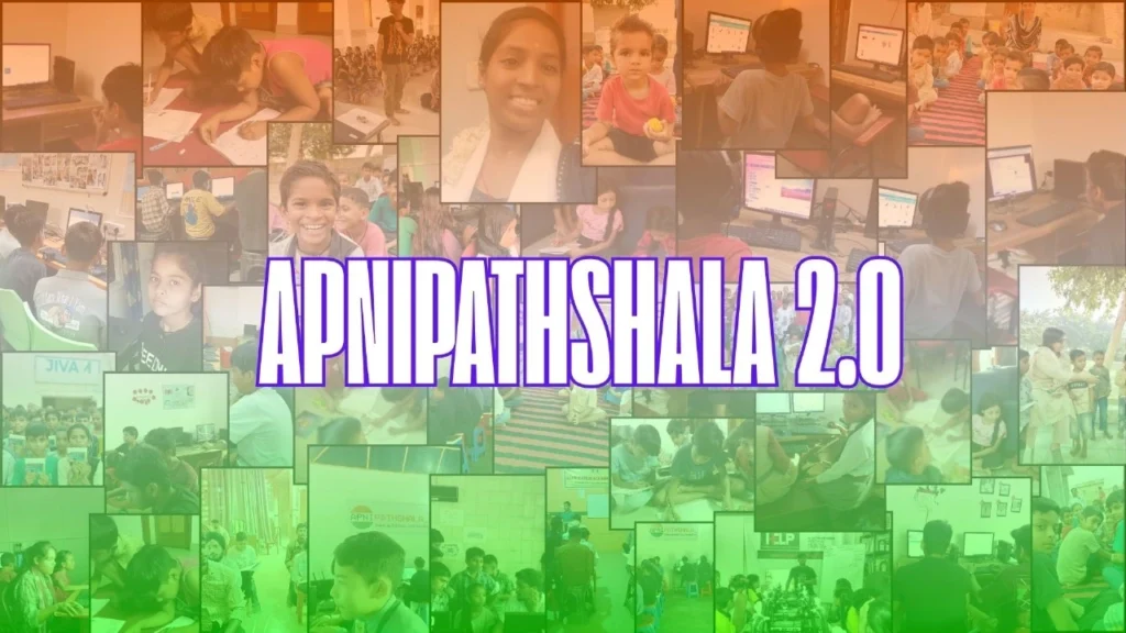 Snippets from AP pods in the background, with a tricolor hue and Apni Pathshala 2.0 in the centre.